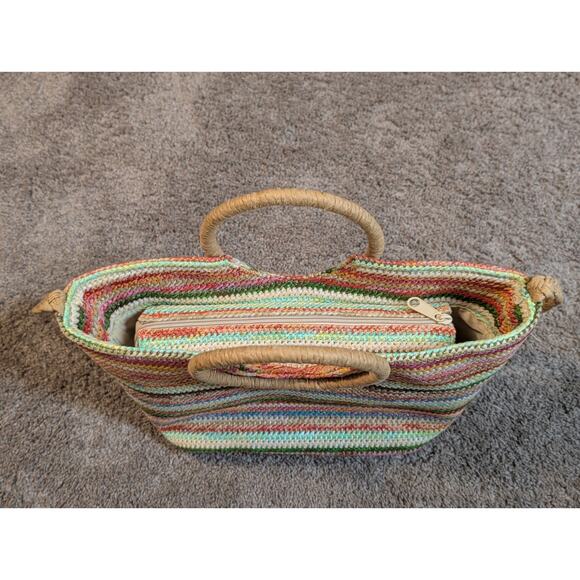 T. Cappelli Woven Straworld Rainbow Boho Straw Tote Bag Circular Handle Tassel - Picture 5 of 8